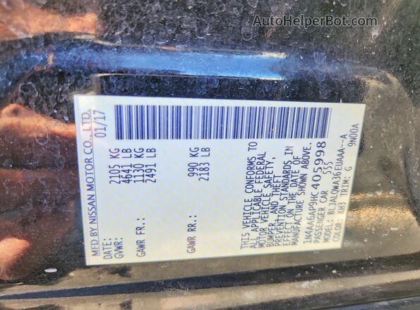 1N4AA6AP9HC405998 2017 NISSAN MAXIMA Black VIN կոդի պիտակի տեսք