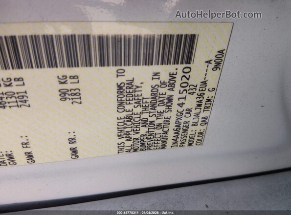 1N4AA6APXGC415020 2016 NISSAN MAXIMA White Engine compartment view