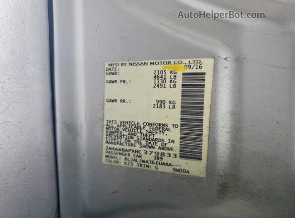 1N4AA6APXHC379833 2017 NISSAN MAXIMA Silver Vista del compartimento del motor