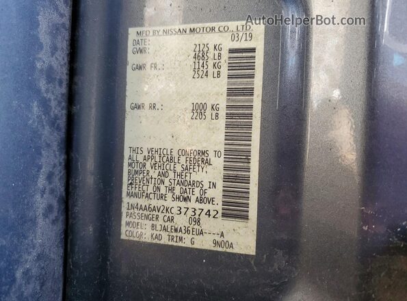 1N4AA6AV2KC373742 2019 NISSAN MAXIMA Gray Вид наклейки з VIN-кодом