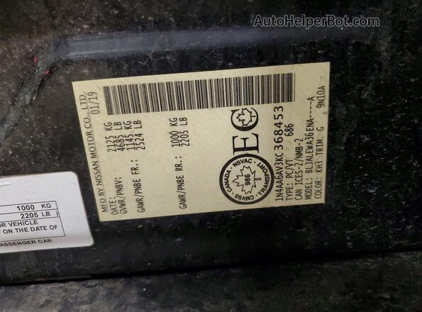 1N4AA6AV3KC368453 2019 NISSAN MAXIMA Black Widok naklejki z numerem VIN