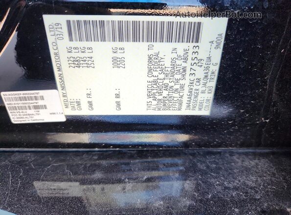 1N4AA6AV3KC375533 2019 NISSAN MAXIMA Black ძრავის განყოფილების ხედი