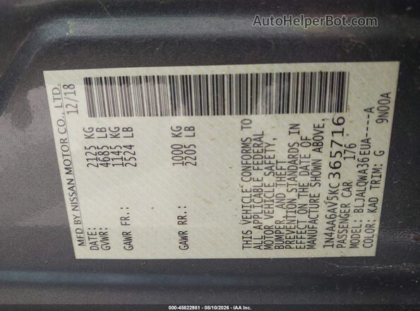 1N4AA6AV5KC365716 2019 NISSAN MAXIMA Gray Engine compartment view