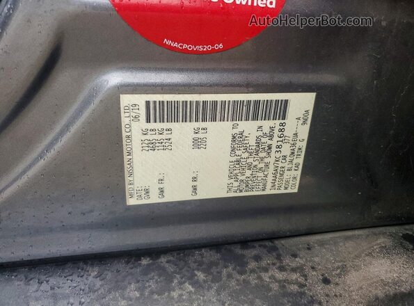 1N4AA6AV7KC381688 2019 NISSAN MAXIMA Gray VIN կոդի պիտակի տեսք