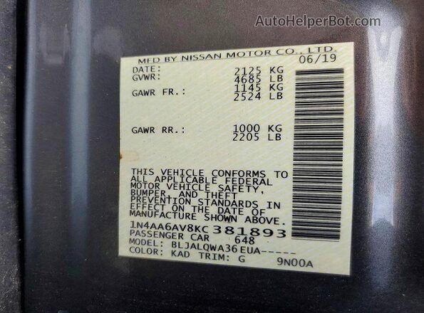 1N4AA6AV8KC381893 2019 NISSAN MAXIMA Gray ძრავის განყოფილების ხედი