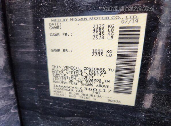1N4AA6CV4LC360117 2020 NISSAN MAXIMA Black Widok komory silnika