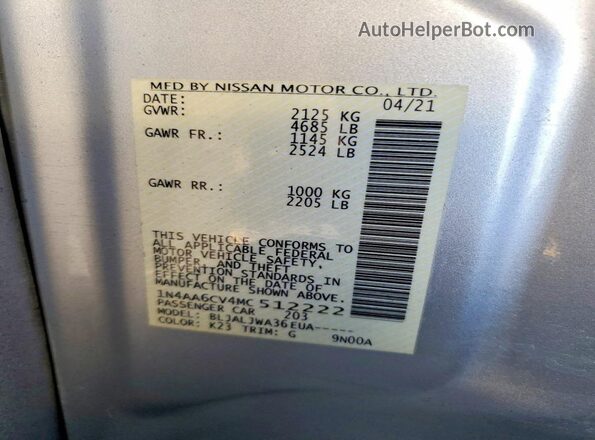 1N4AA6CV4MC512222 2021 NISSAN MAXIMA Silver Вид підкапотного простору