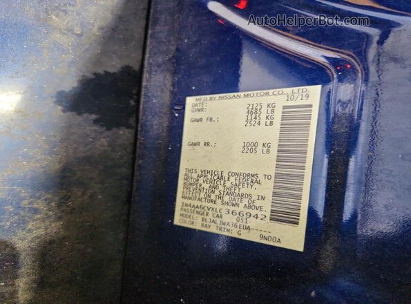1N4AA6CVXLC366942 2020 NISSAN MAXIMA Blue VIN კოდის სტიკერის ხედი