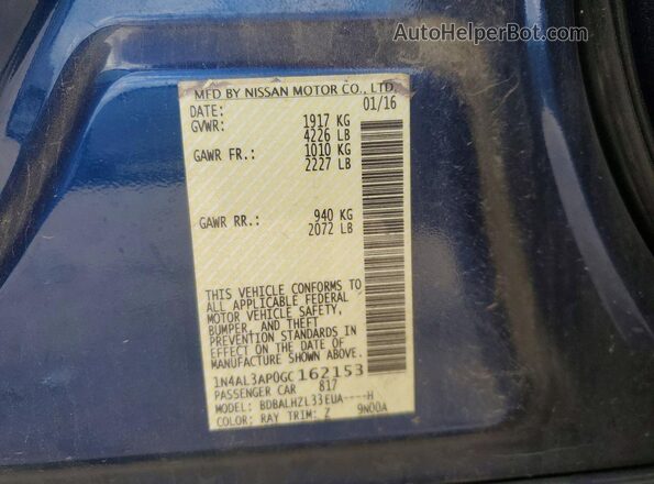 1N4AL3AP0GC162153 2016 NISSAN ALTIMA Blue VIN კოდის სტიკერის ხედი