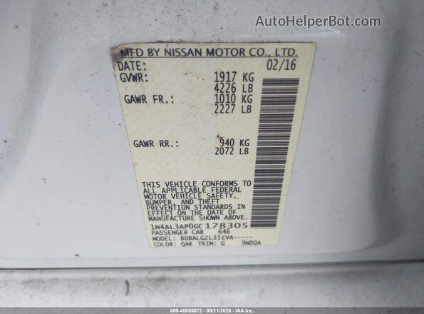 1N4AL3AP0GC178305 2016 NISSAN ALTIMA White ძრავის განყოფილების ხედი