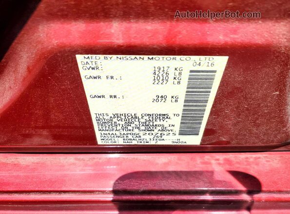 1N4AL3AP0GC207625 2016 NISSAN ALTIMA Red Շարժիչի բաժամունքի տեսք