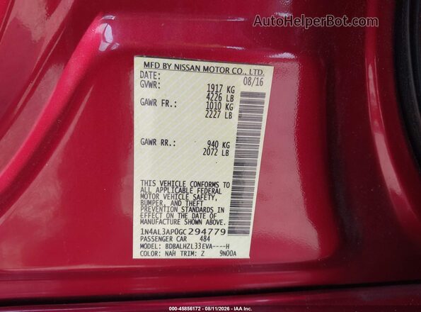 1N4AL3AP0GC294779 2016 NISSAN ALTIMA Red Вид підкапотного простору