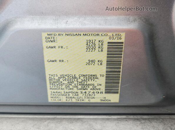 1N4AL3AP0GN347498 2016 NISSAN ALTIMA Silver Вид підкапотного простору