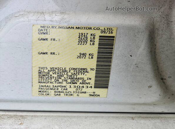 1N4AL3AP0HC130434 2017 NISSAN ALTIMA White Вид наклейки з VIN-кодом