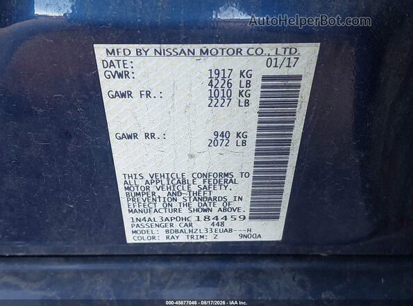 1N4AL3AP0HC184459 2017 NISSAN ALTIMA Blue Widok komory silnika