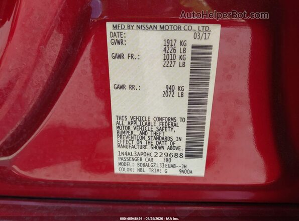 1N4AL3AP0HC229688 2017 NISSAN ALTIMA Red Շարժիչի բաժամունքի տեսք