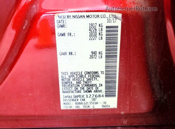 1N4AL3AP0JC127684 2018 NISSAN ALTIMA Красный Вид наклейки с VIN-кодом