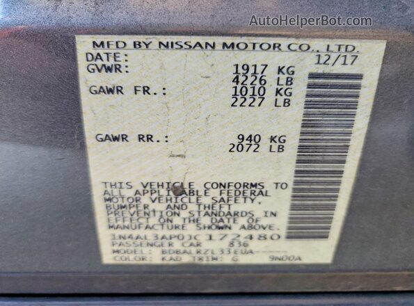 1N4AL3AP0JC172480 2018 NISSAN ALTIMA Gray Vista de la etiqueta del VIN