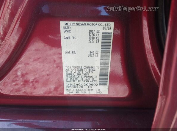 1N4AL3AP0JC209902 2018 NISSAN ALTIMA Red Vista de la etiqueta del VIN