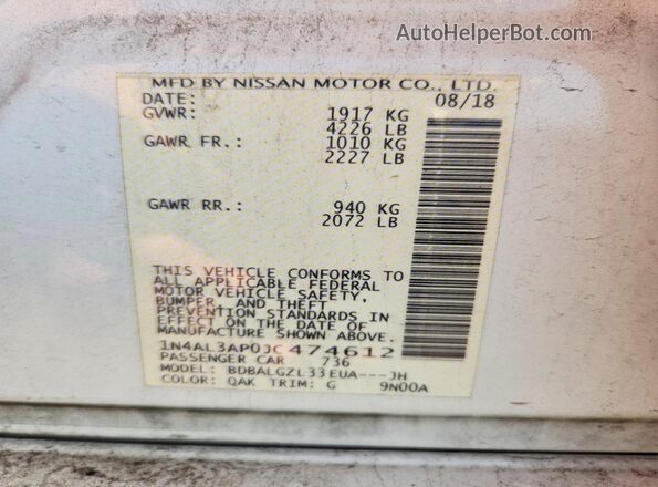 1N4AL3AP0JC474612 2018 NISSAN ALTIMA Белый Вид наклейки с VIN-кодом
