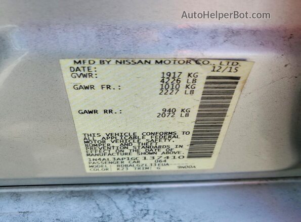 1N4AL3AP1GC137410 2016 NISSAN ALTIMA Silver Вид підкапотного простору