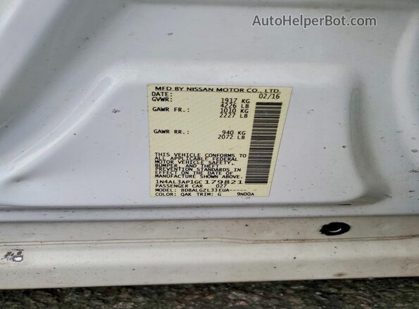 1N4AL3AP1GC179821 2016 NISSAN ALTIMA White Vista del compartimento del motor