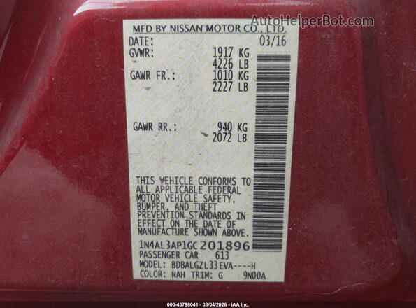1N4AL3AP1GC201896 2016 NISSAN ALTIMA Red Вид підкапотного простору