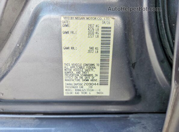 1N4AL3AP1GC209044 2016 NISSAN ALTIMA Gray Вид наклейки з VIN-кодом
