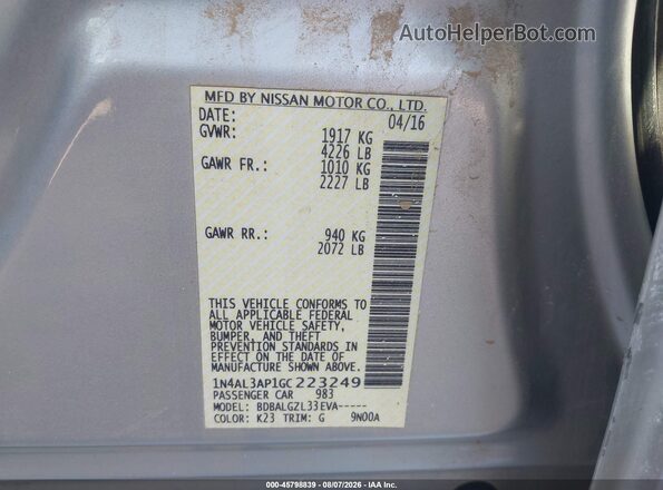 1N4AL3AP1GC223249 2016 NISSAN ALTIMA Silver Вид підкапотного простору