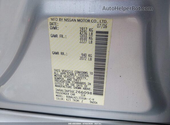 1N4AL3AP1GC266098 2016 NISSAN ALTIMA Silver Շարժիչի բաժամունքի տեսք