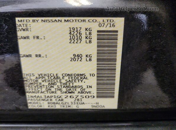 1N4AL3AP1GC267509 2016 NISSAN ALTIMA Black Widok naklejki z numerem VIN