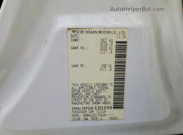 1N4AL3AP1GN330399 2016 NISSAN ALTIMA White VIN sticker view