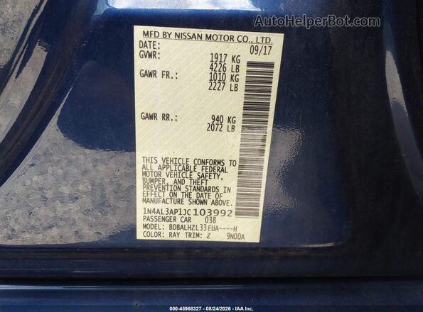 1N4AL3AP1JC103992 2018 NISSAN ALTIMA Синий Вид подкапотного пространства