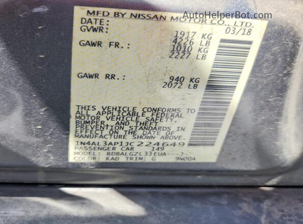 1N4AL3AP1JC224649 2018 NISSAN ALTIMA Gray VIN sticker view