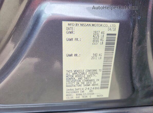 1N4AL3AP1JC242486 2018 NISSAN ALTIMA Gray Շարժիչի բաժամունքի տեսք
