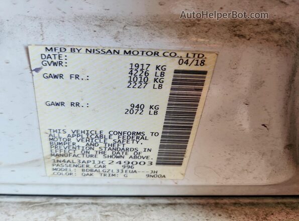 1N4AL3AP1JC249003 2018 NISSAN ALTIMA White ძრავის განყოფილების ხედი