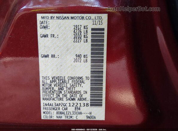 1N4AL3AP2GC122138 2016 NISSAN ALTIMA Red ძრავის განყოფილების ხედი