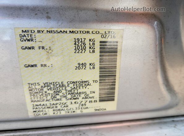 1N4AL3AP2GC167788 2016 NISSAN ALTIMA Silver VIN sticker view