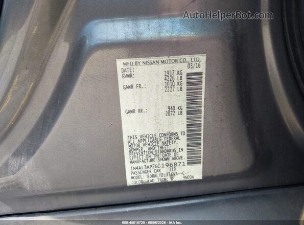 1N4AL3AP2GC196871 2016 NISSAN ALTIMA Gray Vista del compartimento del motor