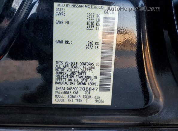 1N4AL3AP2GC206847 2016 NISSAN ALTIMA Black Vista de la etiqueta del VIN