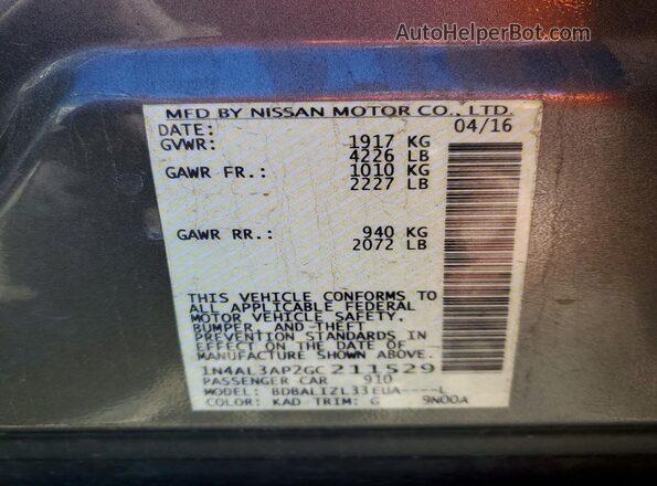 1N4AL3AP2GC211529 2016 NISSAN ALTIMA Gray Շարժիչի բաժամունքի տեսք