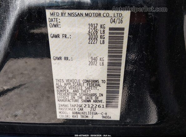 1N4AL3AP2GC212261 2016 NISSAN ALTIMA Black Շարժիչի բաժամունքի տեսք