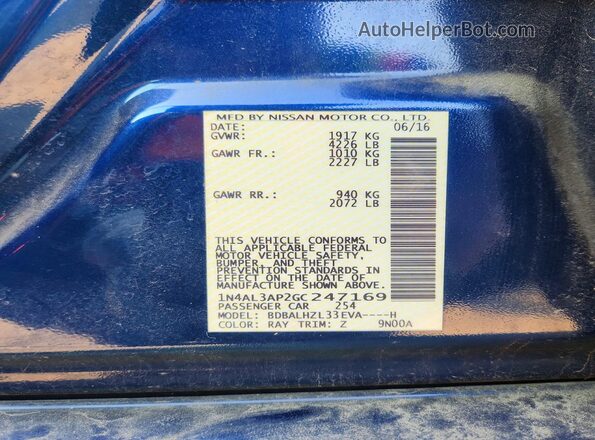 1N4AL3AP2GC247169 2016 NISSAN ALTIMA Blue VIN კოდის სტიკერის ხედი