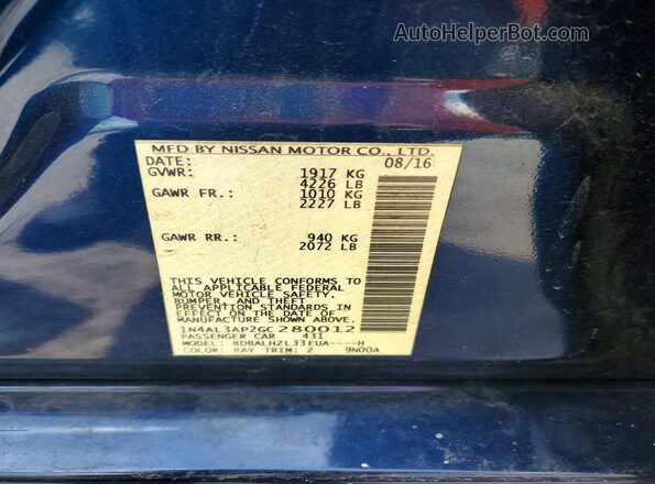 1N4AL3AP2GC280012 2016 NISSAN ALTIMA Blue Vista del compartimento del motor