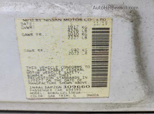1N4AL3AP2GN309660 2016 NISSAN ALTIMA White Vista del compartimento del motor