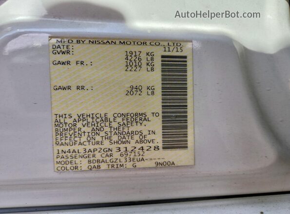 1N4AL3AP2GN312428 2016 NISSAN ALTIMA Белый Вид подкапотного пространства