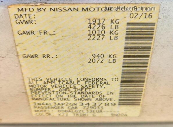 1N4AL3AP2GN343789 2016 NISSAN ALTIMA Silver Вид наклейки з VIN-кодом