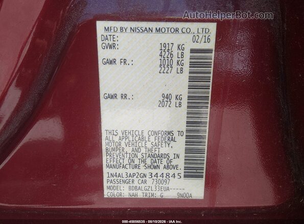 1N4AL3AP2GN344845 2016 NISSAN ALTIMA Red Vista del compartimento del motor