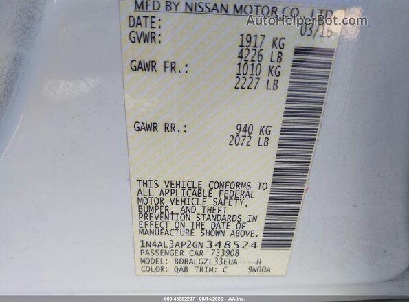 1N4AL3AP2GN348524 2016 NISSAN ALTIMA White ძრავის განყოფილების ხედი