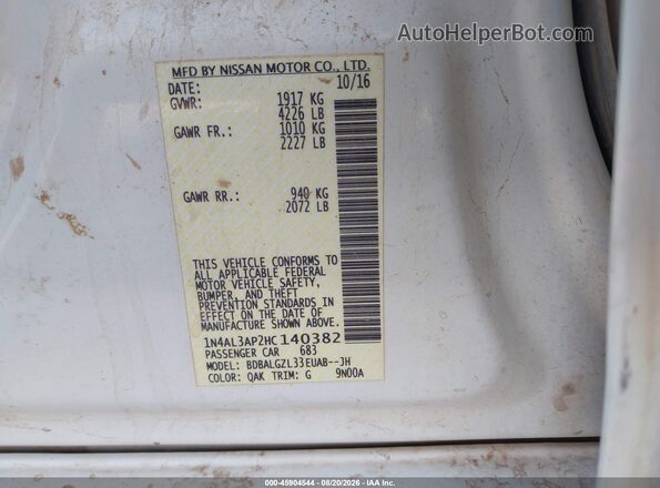 1N4AL3AP2HC140382 2017 NISSAN ALTIMA Белый Вид подкапотного пространства